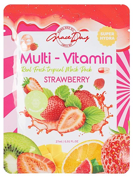 GRACE DAY - МАСКА ТКАНЕВАЯ ДЛЯ ЛИЦА С ПОЛИВИТАМИНАМИ И ЭКСТРАКТОМ КЛУБНИКИ MULTI-VITAMIN STRAWBERRY MASK PACK, 27 ML